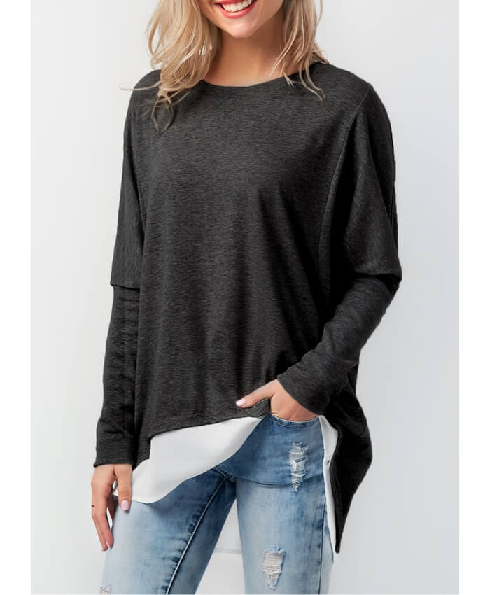Patchwork Long Sleeve Button Back T Shirt